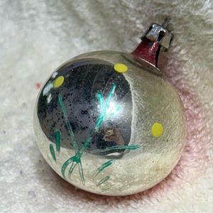 Hand Blown Hand Painted Poland Mercury Glass Ornament Red | Silver Ball w/ Tree